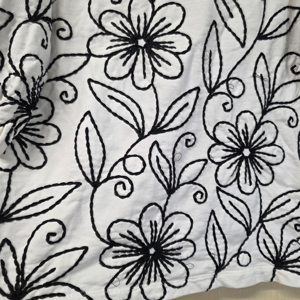 Maeve Anthropologie White Black Floral Embroidered Puff Sleeve Sweatshirt Top M - Picture 13 of 16